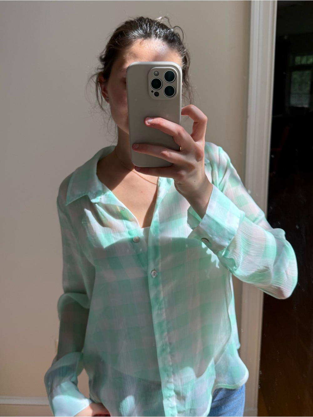 About A Girl Mint Green and White Sheer Striped Blouse